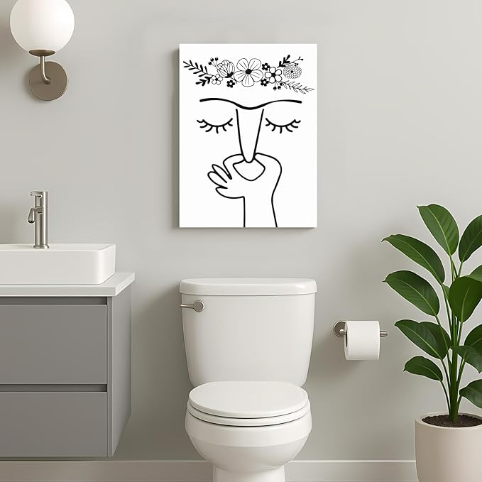 IAFWZX Framed Funny Bathroom Wall Art, Black and White Humor Toilet Wall Decor, Minimalist Face Line with Flower Crown Canvas Painting, Modern Abstract Poster Print for Restroom Bedroom 16"x24"