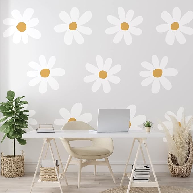 TaoBary 12 Sheet Daisy Wall Sticker Decal Removable Cute Daisy Bedroom Room Decor Flower Wall Sticker Pink White Flower Decal Wallpaper Peel and Stick for Nursery Home(White, Yellow,Vintage Style)
