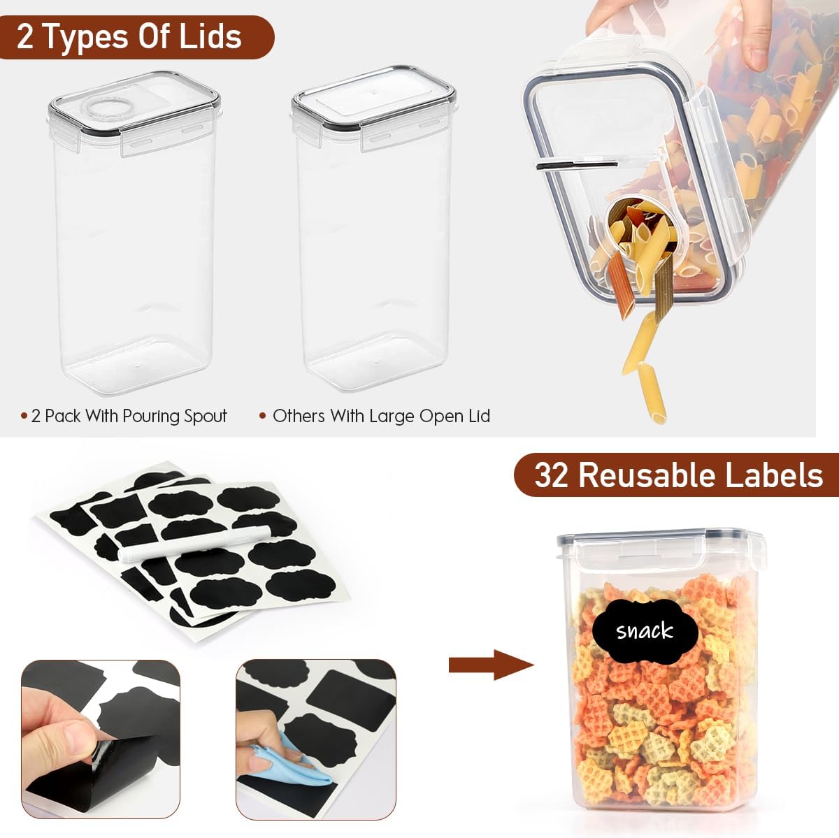 64 PCS Airtight Food Storage Containers With Lids BPA Free,6 Pack With Pouring Spout Cereal Containers Storage for Kitchen Pantry Organization and Storage,Dishwasher safe,Labels Marker