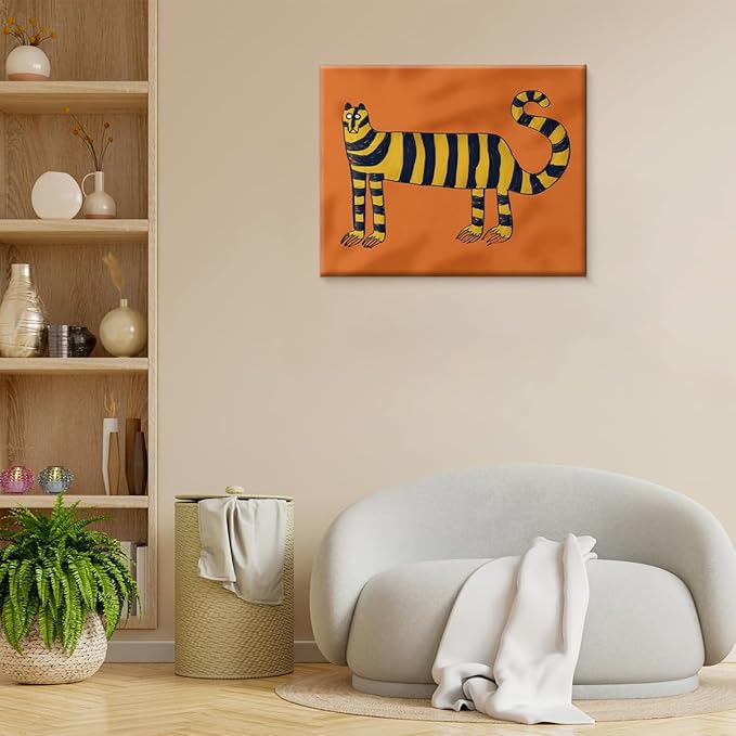 Trendy Tiger Canvas Wall Art Print Stylish Whimsical Tiger Picture Painting Artwork Orange Modern Wall Decor for Home Living Room Bedroom 8x10 Framed