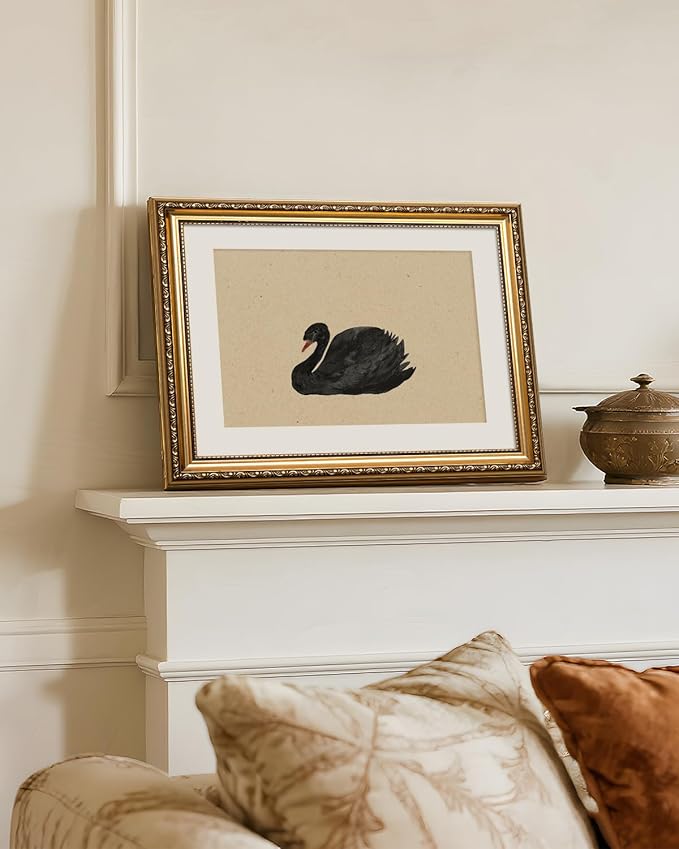 VIYYIEA Gold Framed Black Swan Vintage Canvas Wall Art, Elegant Wildlife Decor for Living Room or Office | Lightweight No Glass Design, Zero-Glare Textured Finish | 13x16 Inch