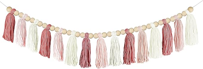 Boho Yarn Tassel Garland - Handmade Wall Hanging Decor for Nursery, Baby Shower, Kids Room, Classroom, Birthday Party - Macrame Tassels Banner for Bedroom, Office, Home Decoration (Pink)