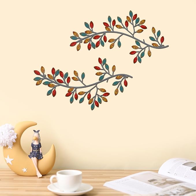Hotop 2 Pieces Metal Tree Leaf Wall Decor Vine Olive Branch Leaf Wall Art Wrought Iron Scroll Sculptures Above the Bed, Living Room, Outdoor Decoration(Classic Style,Vintage Color)