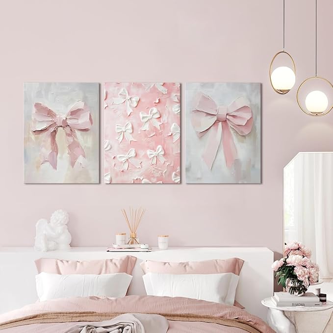 Pink Bow Canvas Wall Art Set of 3 Coquette Oil Painting Cute Bow Posters Wall Decor Trendy Preppy Print Picture for Back to School Bedroom Bathroom College Dorm 16x24 In Framed