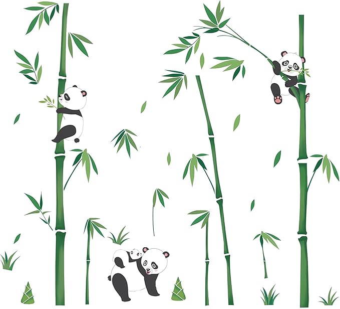 Panda Decor Wall Stickers Bamboo Wall Art Decals, Green Plants Peel and Stick Wall Murals Bamboo Wall Decoration Decals for Baby Kids Bedroom Nursery Living Room Décor