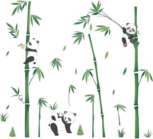 Panda Decor Wall Stickers Bamboo Wall Art Decals, Green Plants Peel and Stick Wall Murals Bamboo Wall Decoration Decals for Baby Kids Bedroom Nursery Living Room Décor