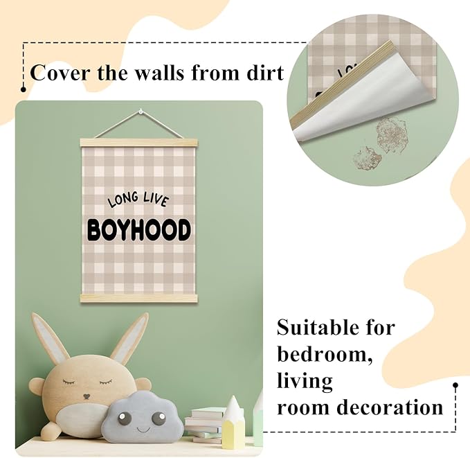 Long Live Boyhood Posters Hanger Frame for Boys Room Checkered Hanging Poster for Bedroom Kids Room Classroom Decor Wall Art Decor for Nursery Playroom Canvas Wall Art Print 16x12 Inches - YY042