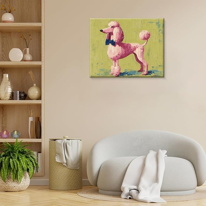 Vintage Pink Poodle Dog Wall Art Print Funky Cute Dog Picture Painting Artwork Aesthetic Wall Decor for Home Living Room Bedroom 8x10 Canvas Framed