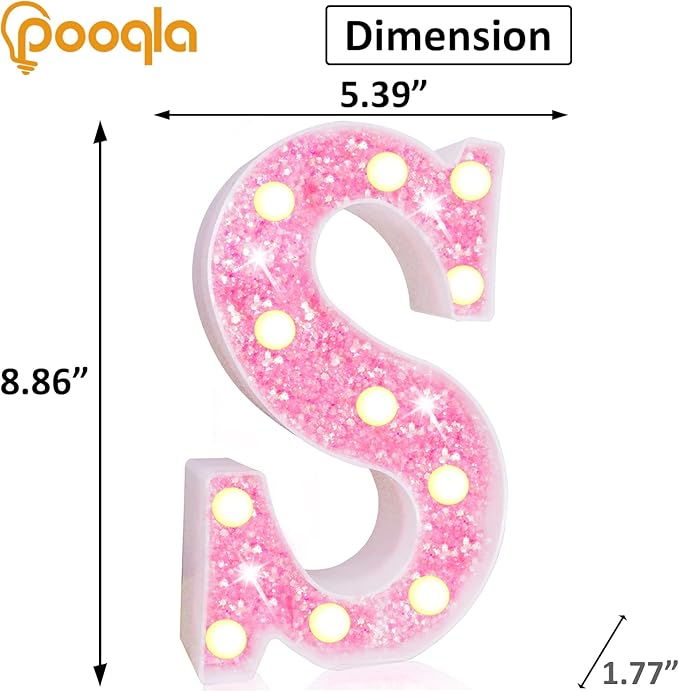 Pooqla LED Marquee Letter Lights, Pink Glitter Light Up Letters Alphabet Sign Battery Powered Night Light, Birthday Party Wedding Girls Gifts, Christmas Room Dorm Bedroom Decoration, Pink Letter S