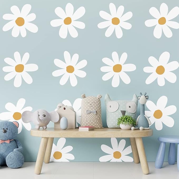 TaoBary 12 Sheet Daisy Wall Sticker Decal Removable Cute Daisy Bedroom Room Decor Flower Wall Sticker Pink White Flower Decal Wallpaper Peel and Stick for Nursery Home(White, Yellow,Vintage Style)