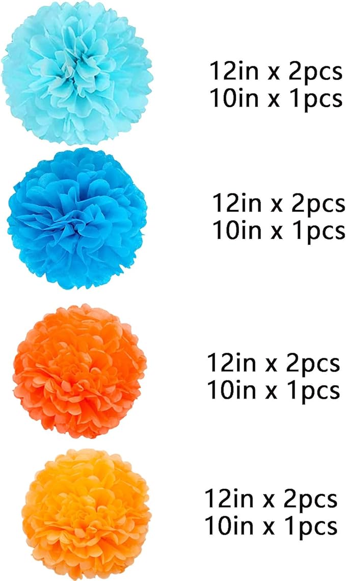 We Moment Paper Pom Poms - Orange & Blue Light Decorations for Wedding, Birthday & Party - 12pcs, 4 Colors, 12 & 10 Inch