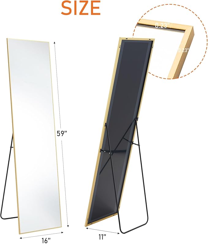 DUMOS Full Length Mirror with Stand Floor Standing Aluminum Frame for Bedroom Body Hanging Leaning Modern Simple Home Decor Shatter-Proorf Nano Glass Wall Living Room Cloakroom Light Gold 59"x16"