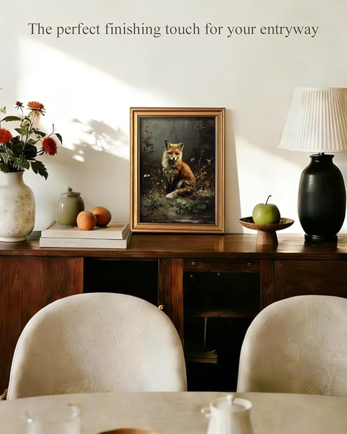 InSimSea Gold Framed Canvas Prints Wall Art, Vintage Fox Decor, Dark Academia Cottagecore Animals Paintings Farmhouse Wall Decor, Antique Pictures for Bedroom Living Room Shelf, 12x16inch