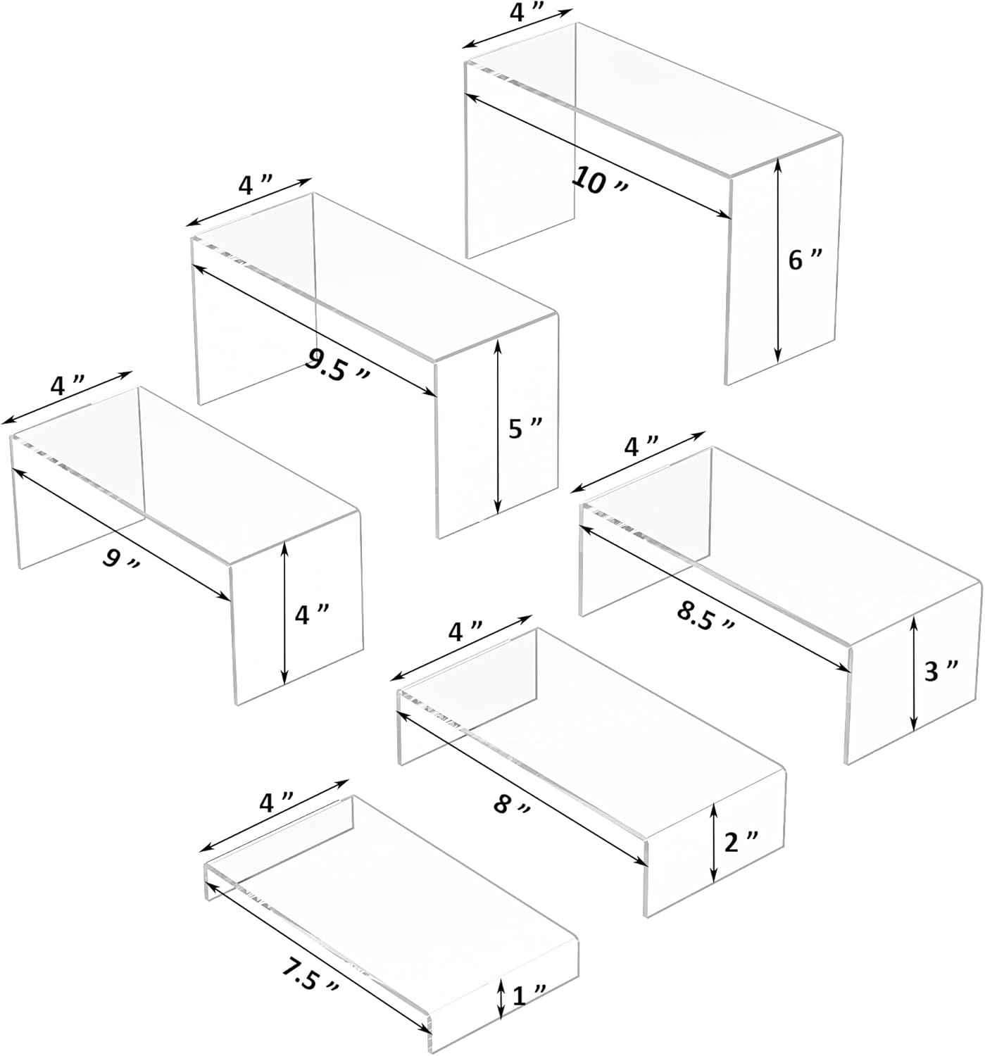 Acrylic Display Risers 6pcs, Clear Rectangular Display Organizer Stands, Acrylic Display for Funko Pop Figure, Desserts, Cupcake, Toys, Collectibles, Merchandises - 7.5''x8''x8.5''x9''x9.5''x10''