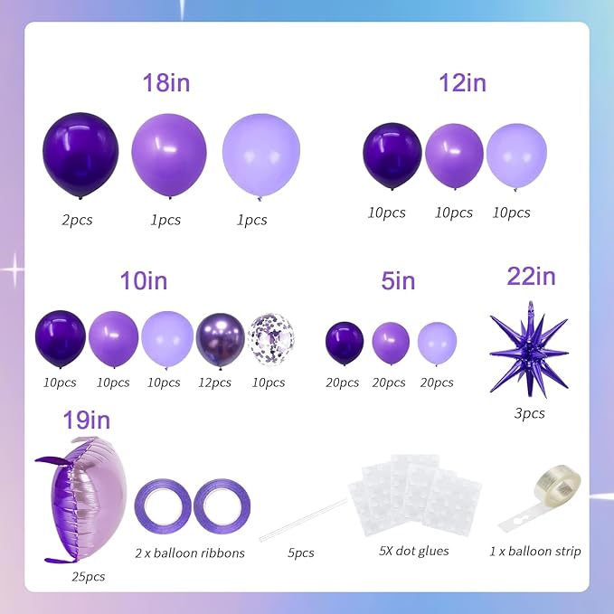 25+149pcs Double-Sided Purple Balloon Wall Kit - 25 Dark/Light Purple Foil Square Balloons 146 Metallic Lavender Purple Latex Balloon Garland & Star Balloons for Wedding, Birthday Backdrop
