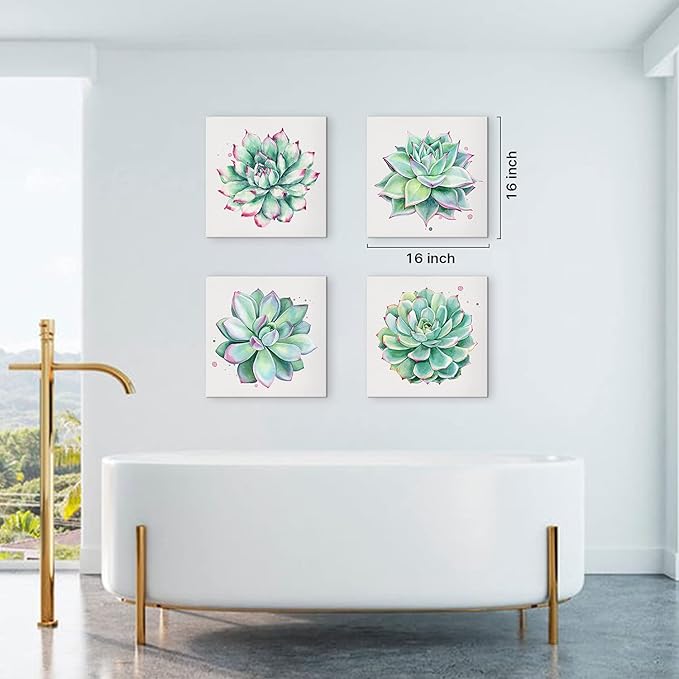 YOOOAHU Home Wall Art Decor Succulent Plants Simple Life Canvas Paintings Posters Prints 16" x 16" 4 Pieces Watercolor Hand-Drawn Green Leaf Framed Nature Pictures for Living Room Kitchen Decorations