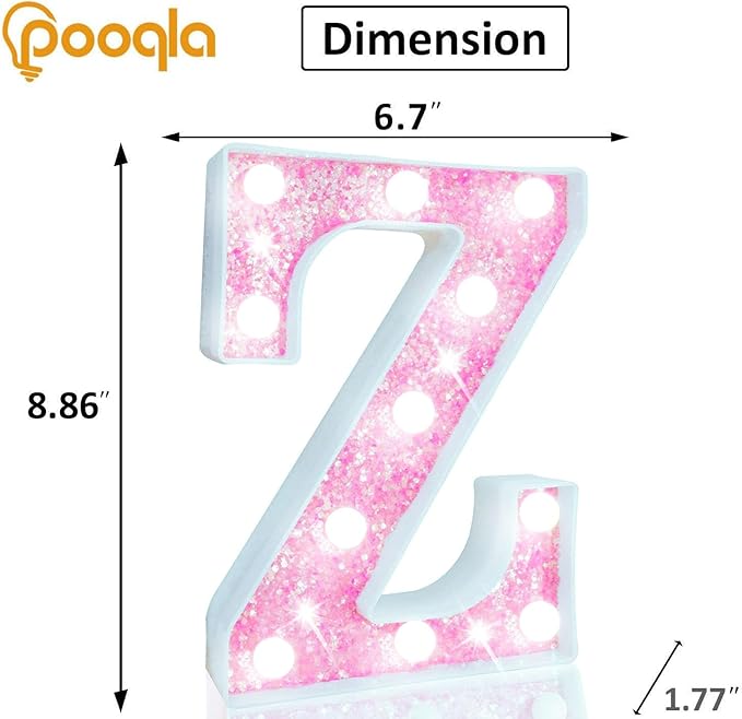 Pooqla LED Marquee Letter Lights, Light Up Letters Glitter Letter Sign Girls Gift, Battery Powered Night Light Pink Birthday Party Room Wedding Christmas Girls Bedroom Dorm Decoration, Cool White Z