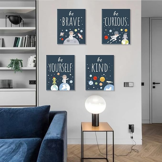 CHDITB Frame Outer Space Art Print, Boys Planet Theme Canvas Posters, Set Of 4 (12' x 16') Space Canvas Wall Art For Kids Room Decor, Ready to Hang