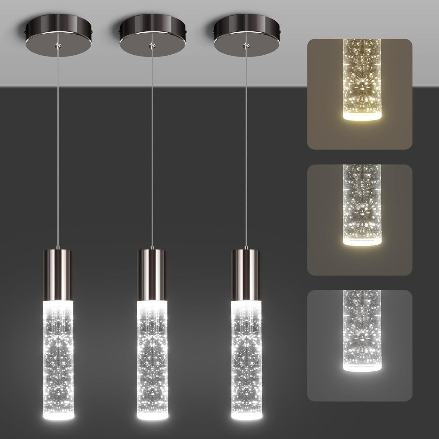 OKELI Modern Pendant Lights,3 Color LED Bubble Crystal Island Light Fixtures,Black Mini Pendant Lighting for Kitchen Island,Bar,6W,3000-6000K,ETL,3 Pack