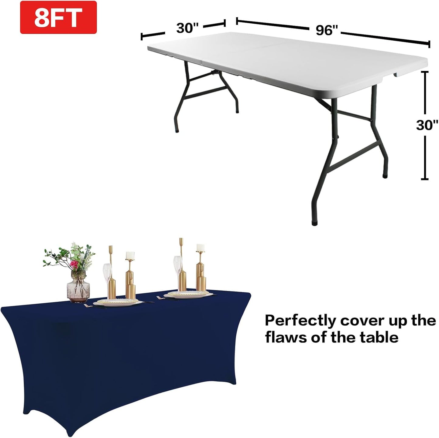 IVAPUPU 2 Pack 8FT Table Cloth for Rectangular Fitted Events Stretch Jean Blue Covers Washable Table Cover Spandex Tablecloth Protector for Party, Wedding, Cocktail, Banquet, Festival