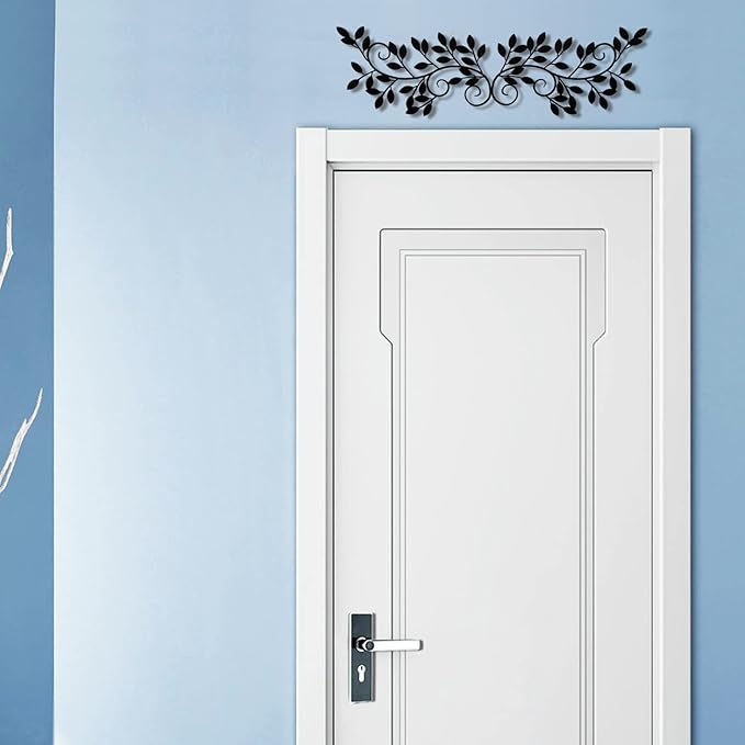 ESTART 2 Pieces Metal Tree Leaf Wall Decor Vine Olive Branch Leaf Wall Art Wrought Iron Scroll Sculptures for Above the Bed, Living Room, Bathroom, Hallway, Office, Outdoor Decoration (Black)