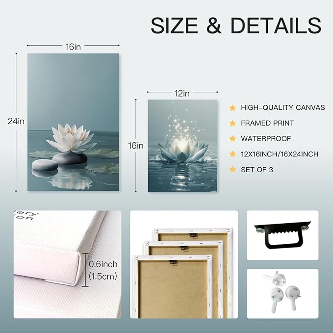 GELDSTEI Calm Zen Botanical Canvas Wall Art, White Lotus Blooming on Stones in Water Aesthetic Pictures, Yoga Spa Meditation Room Decor, Modern Spiritual Poster Prints for Zen Office Framed Set of 3, Each 16x24 Inch