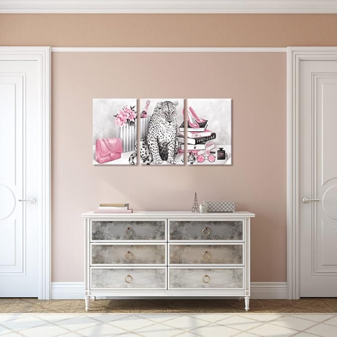 Visual Art Decor Pink Wall Decor Glam Fashion Room Decor Leopard Cheetah Decor Painting Bedroom Wall Decor for Women Framed Canvas Prints Ready to Hang 16inx20inx3Pieces