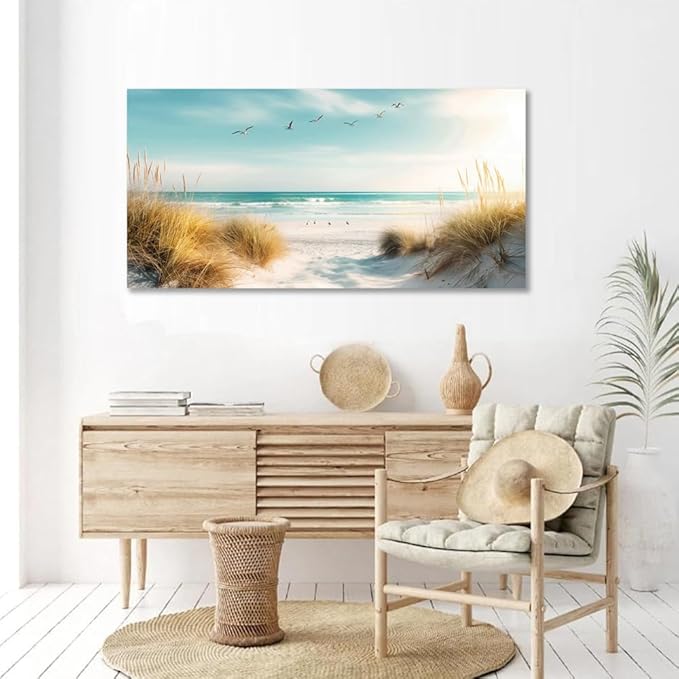 Beach Canvas Wall Art Decor Large Ocean Pictures Prints for Living Room Coastal Path Painting Seascape Artwork Beach Reeds Landscape for Bedroom Bathroom Home Office Decorations(24"×48")