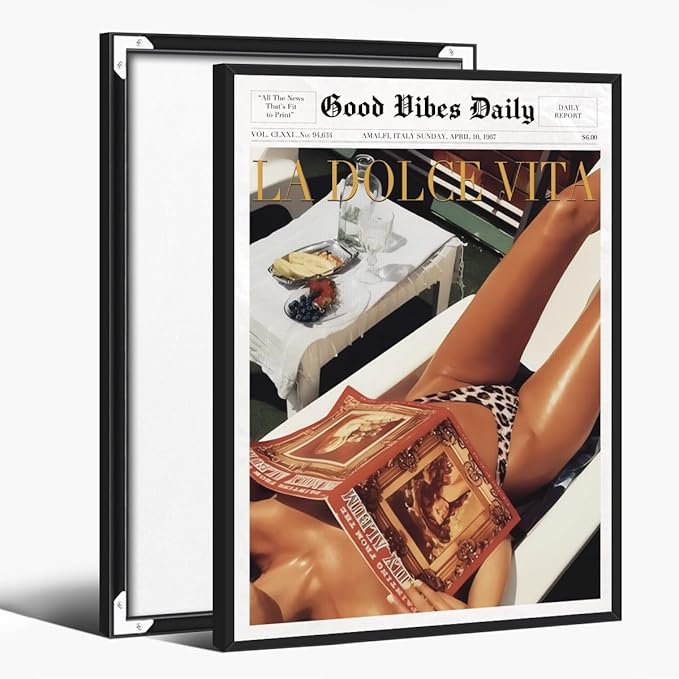 Trendy Newspaper Posters Vintage Good Vibes Daily Wall Art 60s La Dolce Vita Poster Beach Vibe Funky Aesthetic Retro Trippy Art Canvas Prints for Cool Girl Room Home Dorm Decor 16x24inch black framed