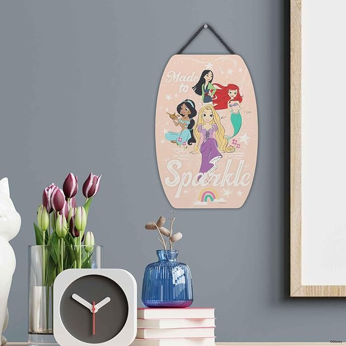 Disney Princess Made to Sparkle Hanging Wood Wall Decor - Cute Princess Wall Art Featuring Mulan, Jasmine, Ariel and Rapunzel