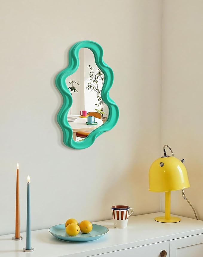 Green Wall Mirror Decor for Hallway Entryway, Small Asymmetrical Decorative Mirrors for Home Office Living Room, Funky Home Accent Decor for Housewarming Christmas Wedding Gift (Green)