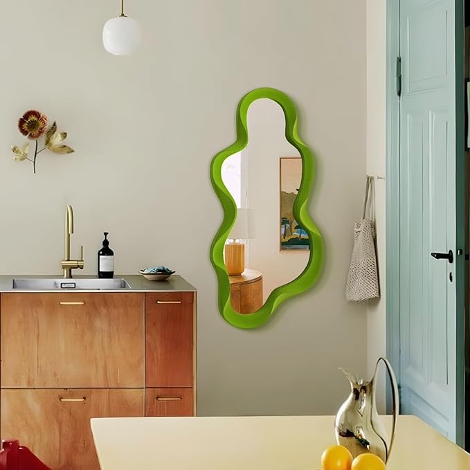 Green Wall Mirror Decor for Hallway Entryway, Large 13.8x29.7 Asymmetrical Decorative Mirrors for Home Office Living Room, Funky Home Decor for Housewarming Christmas Wedding Gift (Lawn Green)
