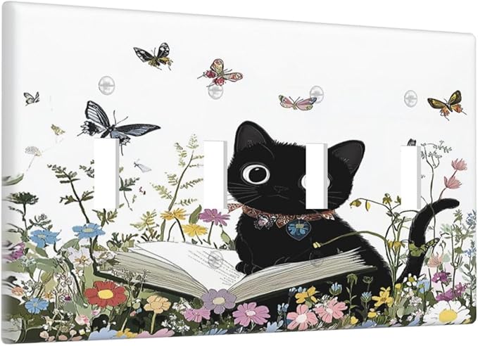 Light Switch Covers Cute Cat Wildflowers Boho Flowers Floral Quad Toggle Electrical Faceplate 4 Gang Wall Plate Decorative Switch Plates For Nursery Kids Room Decor