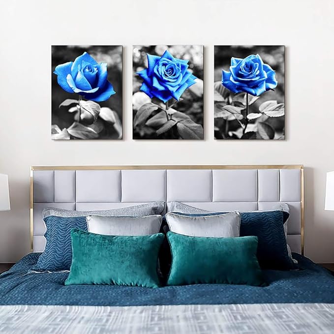 DZRWUBHS Canvas Prints Wall Art For Living Room Family Wall Decor For Kitchen Black And White Pictures Artwork Blue Rose Flowers Wall Paintings Modern Office Bedroom Room Home Decorations 3 Pieces