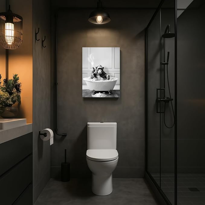 IAFWZX Framed Funny Bathroom Wall Art, Black and White Chimpanzee in Bathtub Wall Decor, Cute Animal Wrapped Canvas Painting, Humor Gorilla Toilet Poster Print for Restroom Guest Bedroom 12"x16"