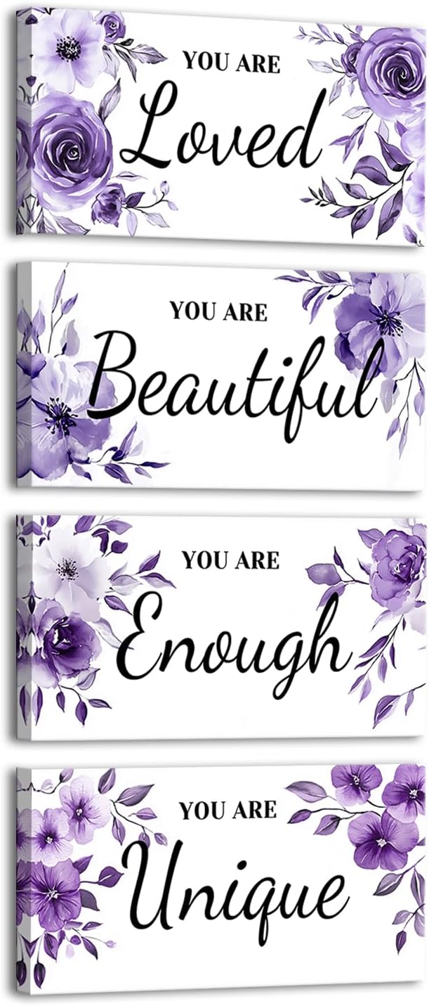 HOMEOART Bedroom Wall Decor for Woman Teen Girl, Inspiration Saying Word Art Bedroom Decor Pictures Farmhouse Bathroom Wall Decor Hanging, Framed 6x12inchx4Pieces (Purple)