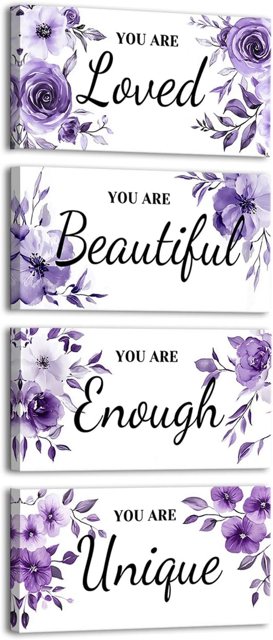 HOMEOART Bedroom Wall Decor for Woman Teen Girl, Inspiration Saying Word Art Bedroom Decor Pictures Farmhouse Bathroom Wall Decor Hanging, Framed 6x12inchx4Pieces (Purple)