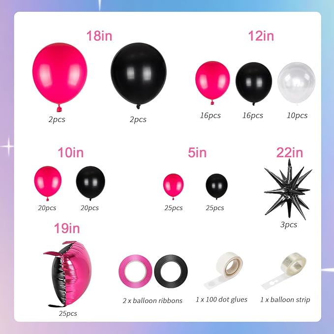 25pcs Black Pink Foil Square Balloon Wall With 139pcs Hot Pink Black Clear Balloon Arch Kit, Double Sided Balloon Tunnel for Birthday Anniversary Bridal Shower Party Decoration