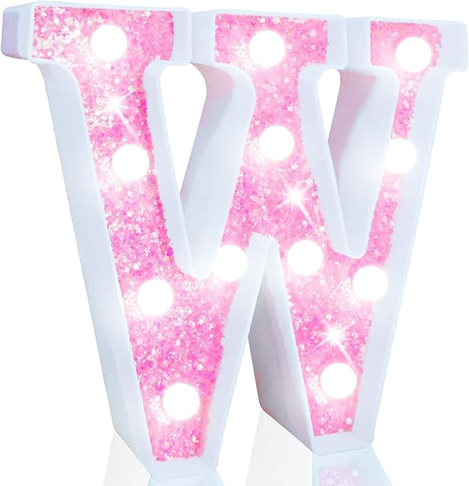 Pooqla LED Marquee Letter Lights, Light Up Letters Glitter Letter Sign Girls Gift, Battery Powered Night Light Pink Birthday Party Room Wedding Christmas Girls Bedroom Dorm Decoration, Cool White W