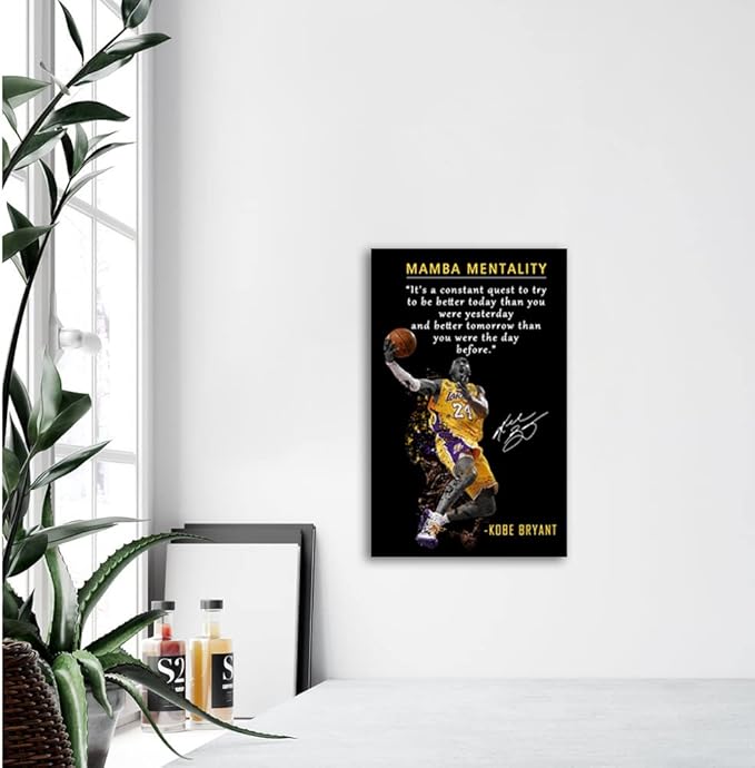 Kobe Bryant Inspirational Poster Canvas Wall Art • Mamba Mentality Quote Canvas Wall Art • Basketball Player Sports Home Decor • Motivational Artwork For Home,Office,Gym Wall Decor Framed Ready to