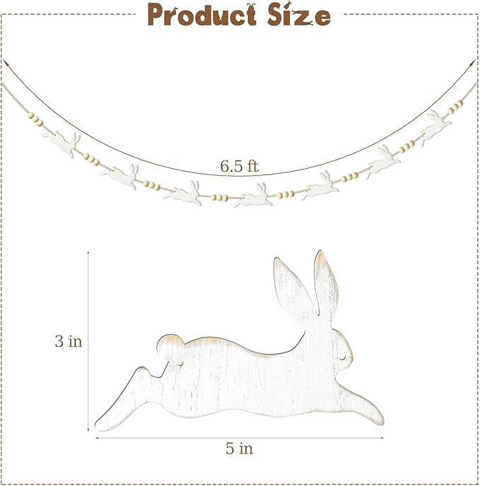 Easter Garland Decorations: Cute Bunny Easter Garland with Wood Beads, Rustic Easter Banner White Jumping Rabbit Easter Decor Indoor for Mantel Fireplace Home Office Wall Farmhouse School