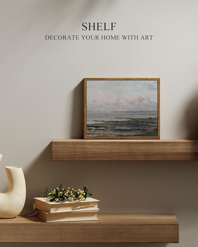 InSimSea Framed Canvas Print Art, Vintage Impressionist Coastal Landscape Painting, Rustic Farmhouse Cottage Decor for Hallway Wall Floating Shelf Desk Vanity Fireplace, 10x8in, Soft Blue Tones