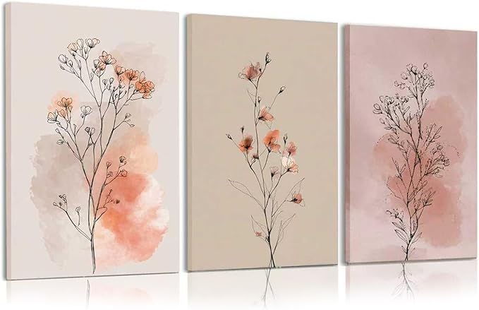 okudolit Boho Vintage Flower Wall Art Set of 3 Minimalist Floral Botanical Prints Rustic Wildflower Wall Decor Beige and Pink Neutral Plant Painting for Living Room Bedroom Office-16x24in