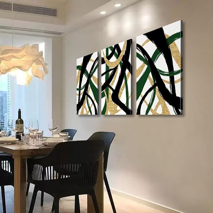 3Pcs Framed work Abstract Lines Canvas Wall Art Modern Black, Green, Gold Geometric Brushwork Prints Posters Abstract Line Images Framed gallery packaging artwork for living room prints, bedroom, office, and home decor 12X16Inch