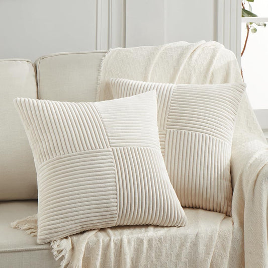Fancy Homi 2 Packs Cream Big Decorative Throw Pillow Covers 24x24 Inch for Living Room Couch Bed, Rustic Farmhouse Boho Home Decor, Soft Corss Corduroy Patchwork Accent Square Cushion Case 60x60 cm
