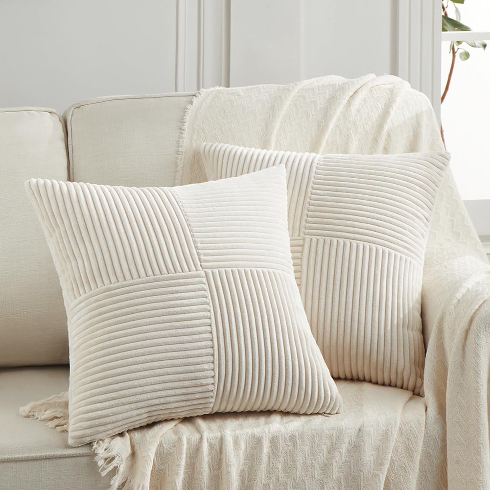 Fancy Homi 2 Packs Cream Decorative Throw Pillow Covers 22x22 Inch for Living Room Couch Bed Sofa, Rustic Farmhouse Boho Home Decor, Soft Corss Corduroy Patchwork Accent Square Cushion Case 55x55 cm