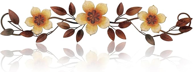 Wesiti Metal Flower Wall Decor Vintage Spring Metal Flower Wrought Iron Scroll Sculpture 15.7''x3.7'' Farmhouse Leaf Wall Decor with Nails for Spring Living Room Bedroom Indoor Outdoor(Gold)