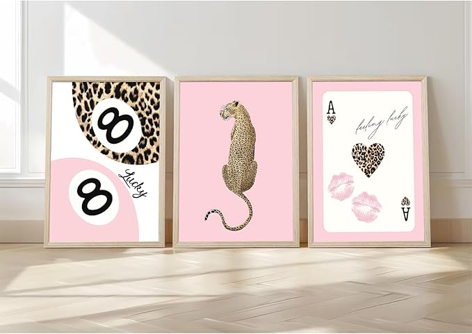 Trendy Leopard Wall Art Cheetah Print Canvas Wall Decor 8 Ball Poster Preppy Room Aesthetic Pictures Funky Coquette Vintage Prints Y2k Fashion Lucky Posters for Bedroom 16x24x3 Inch Framed