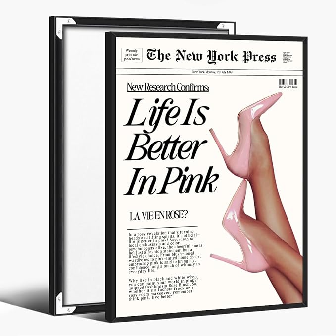 Trendy Baby Pink Poster 70s Canvas Prints The New York Press Wall Art Life Is Better in Pink Hot Girl Posters Preppy Aesthetic Decor Bedroom for Cool Girly Room Home Dorm 12x16inch black framed