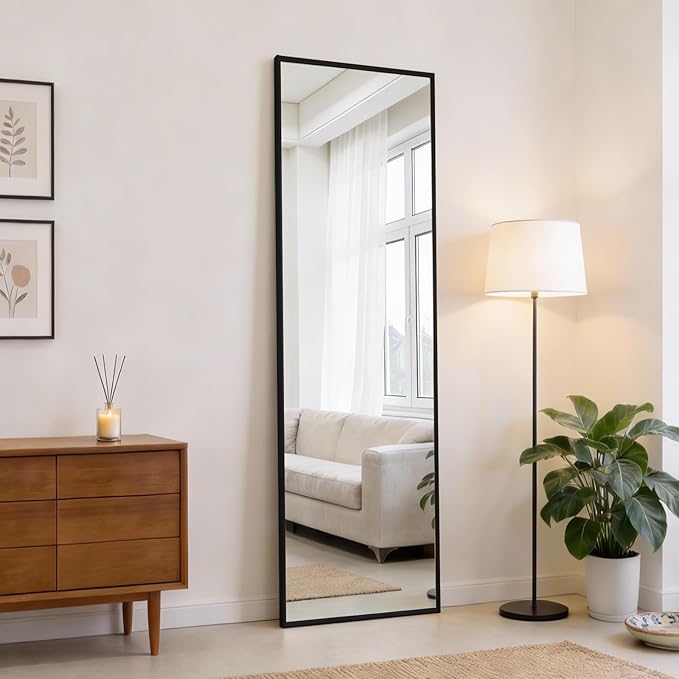 DUMOS 47x14 Full Length Mirror Over The Door, Wall Mounted Full Body Mirror, Door Hanging Metal Aluminum Alloy Frame Dressing Mirror for Bedroom, Living Room, Entryway, Black